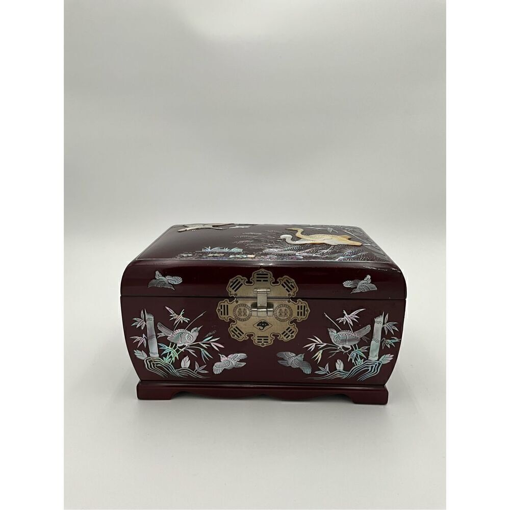VINTAGE Mother Of Pearl Inlay Wooden Jewelry Box